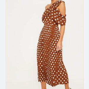 Chocolate Brown Polka Dot One Shoulder Ruffle Maxi Dress – Size 0